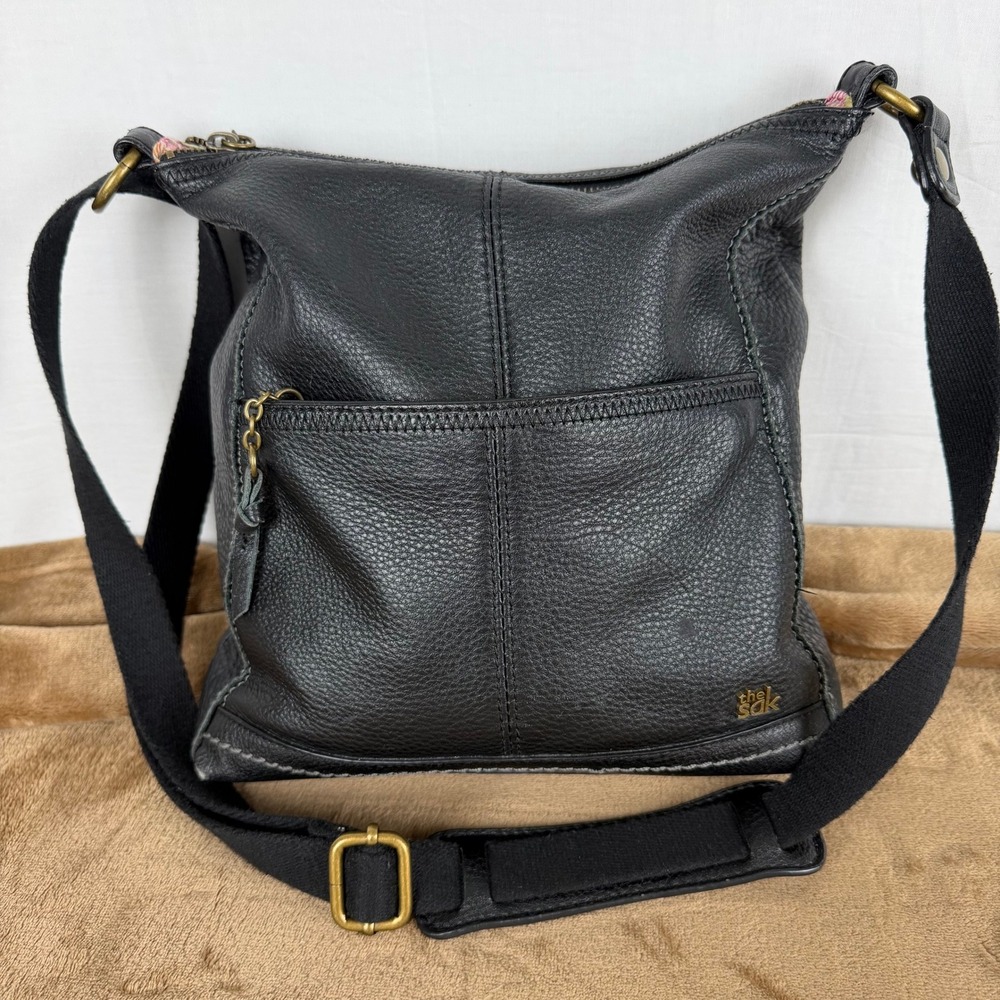 The Sak Black Pebbled Leather Crossbody Bag Adjustable Strap Multi Pocket